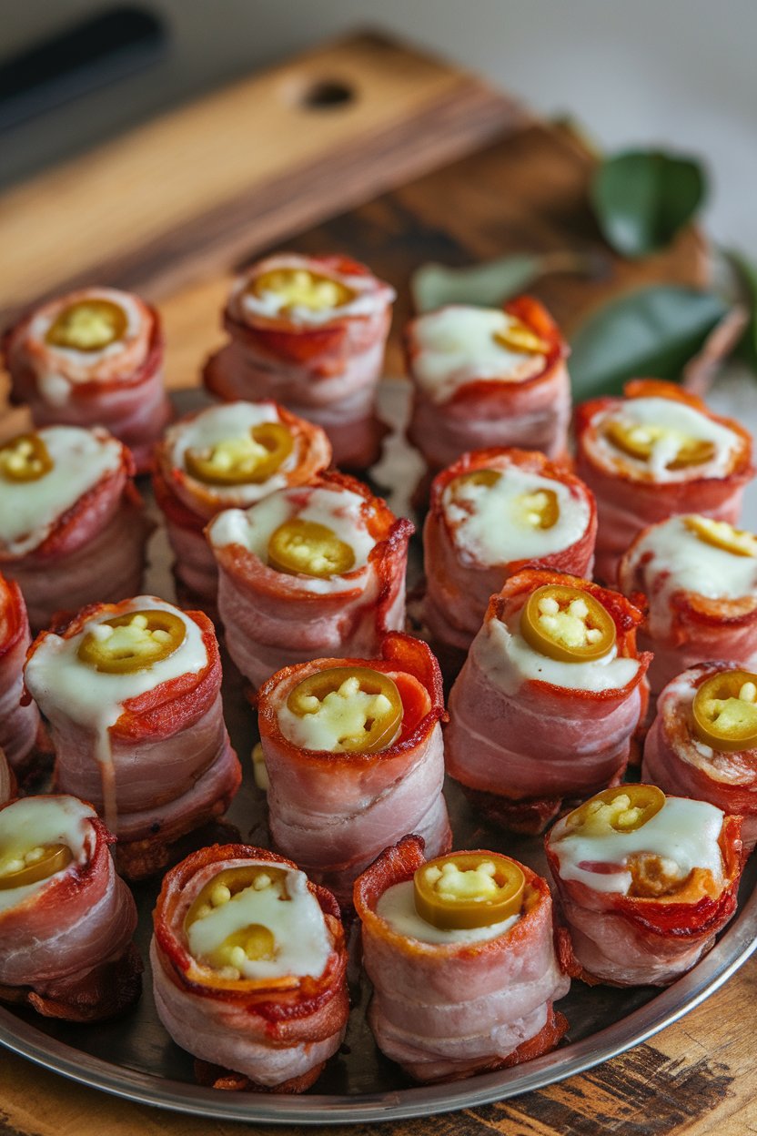 Indoor photo of bacon-wrapped smoked sausage bites standing upright, filled with melted cheese and jalapeño bits, served on a platter; no text or logos