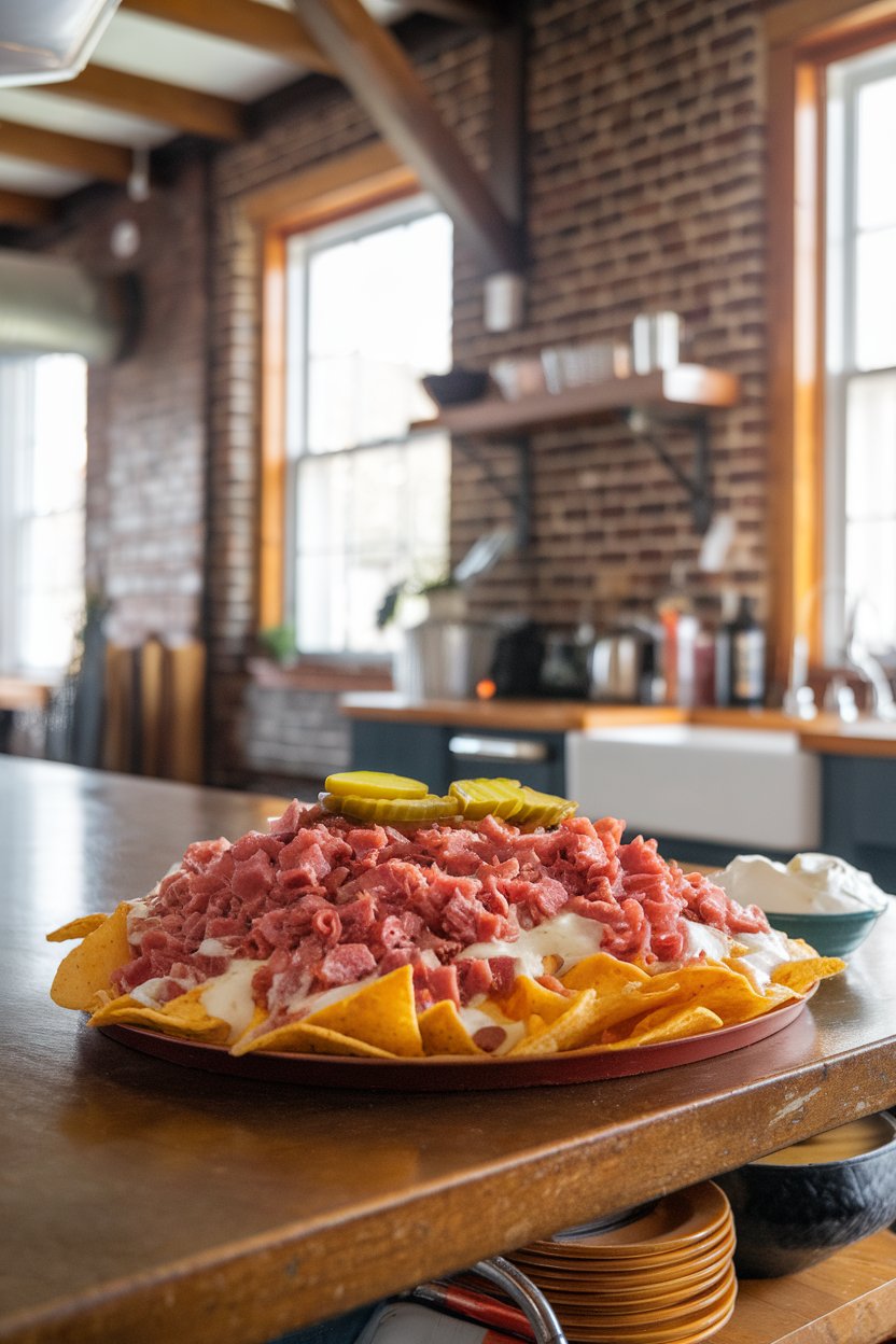 Indoor kitchen island with nachos topped with chopped pastrami, melted Swiss, and pickles; no text or logos, photo not illustration.