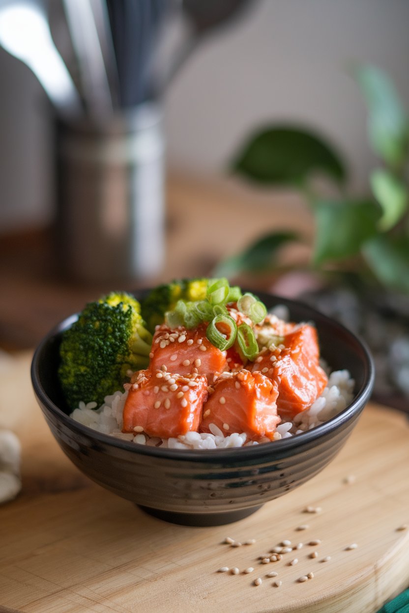 Indoor photo of bowl with rice, glazed salmon chunks, steamed broccoli, and sesame seeds, no text or logos