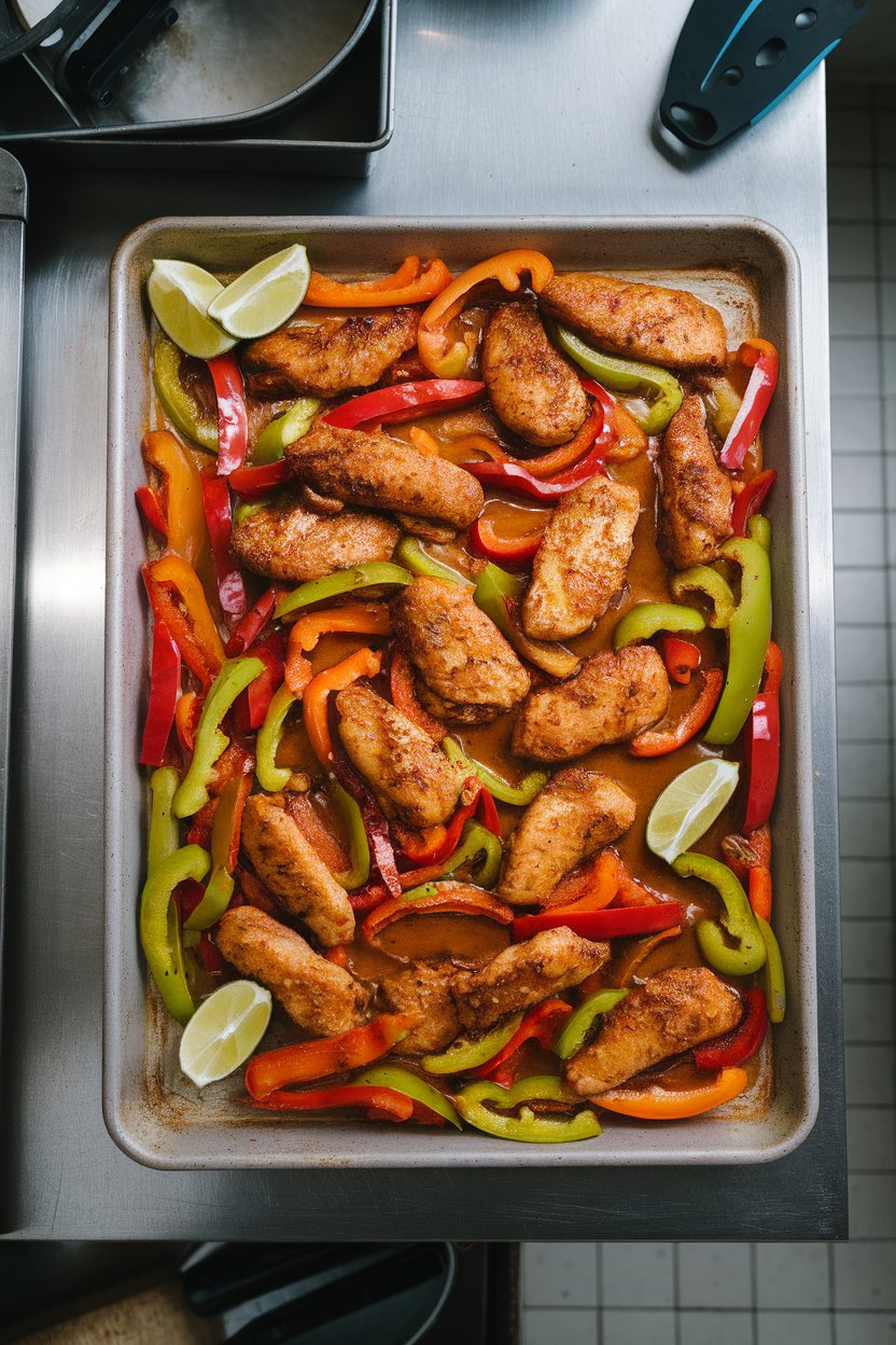 Indoor kitchen photo showing chicken strips and mixed bell peppers coated in glossy peanut sauce on a sheet pan, lime wedges on side. No logos or text.