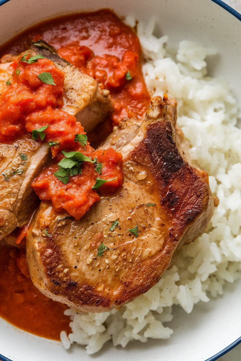 Bowl of pork chops in tomato Creole sauce over white rice, no text or logos.