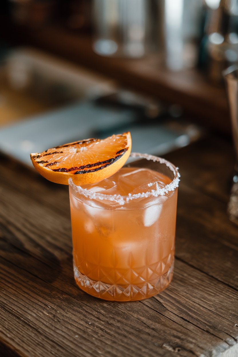 Indoor rustic bar top with a rocks glass of smoky orange cocktail, salted rim and grilled grapefruit wedge, no text or logos, photo