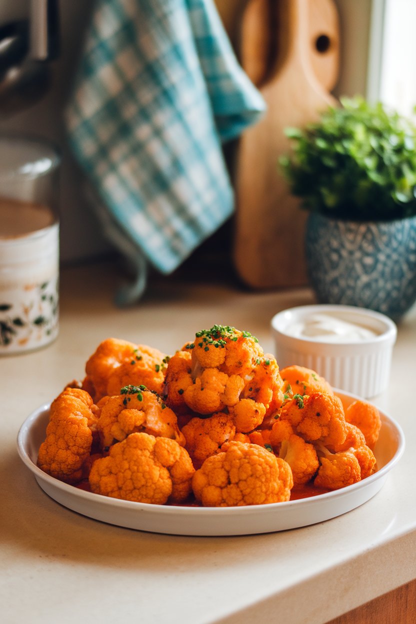 Photo prompt: An indoor kitchen island with a white platter of baked buffalo cauliflower florets, glistening in bright orange sauce and garnished with chopped chives. A small ramekin of vegan ranch sits nearby. Warm indoor lighting, no text or logos anywhere. Photo, not illustration.