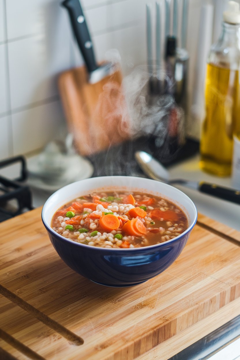 An indoor kitchen counter with a bowl of barley and vegetable soup—carrots, peas, and tomatoes visible—steam rising. No text or logos. Photo.