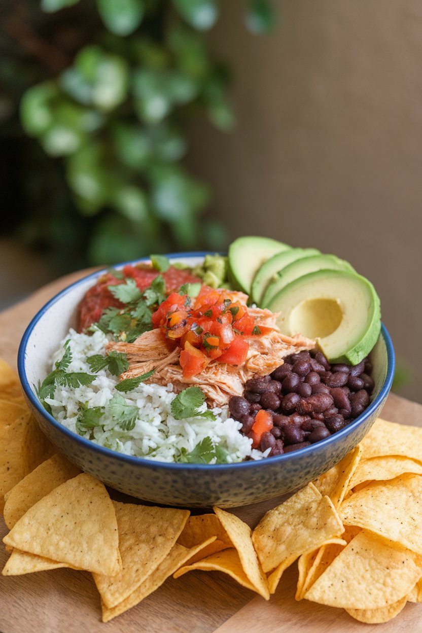 Indoor bowl filled with cilantro rice, black beans, shredded chicken, salsa, and avocado slices. Photo only.