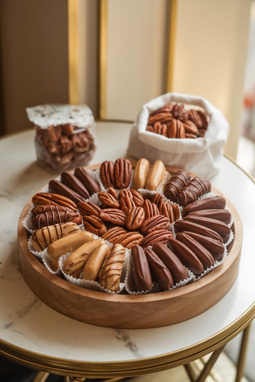 An indoor cafe-style table featuring a wooden tray filled with pecan pralines, candied pecans, and chocolate-dipped pecan clusters, softly lit. No text or logos on wrapping.
