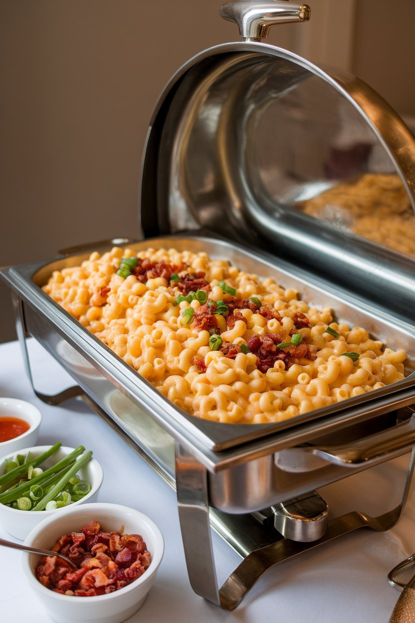 Indoor photo of a chafing dish of creamy macaroni cheese beside small bowls of bacon bits, scallions, and hot sauce. No text or logos.