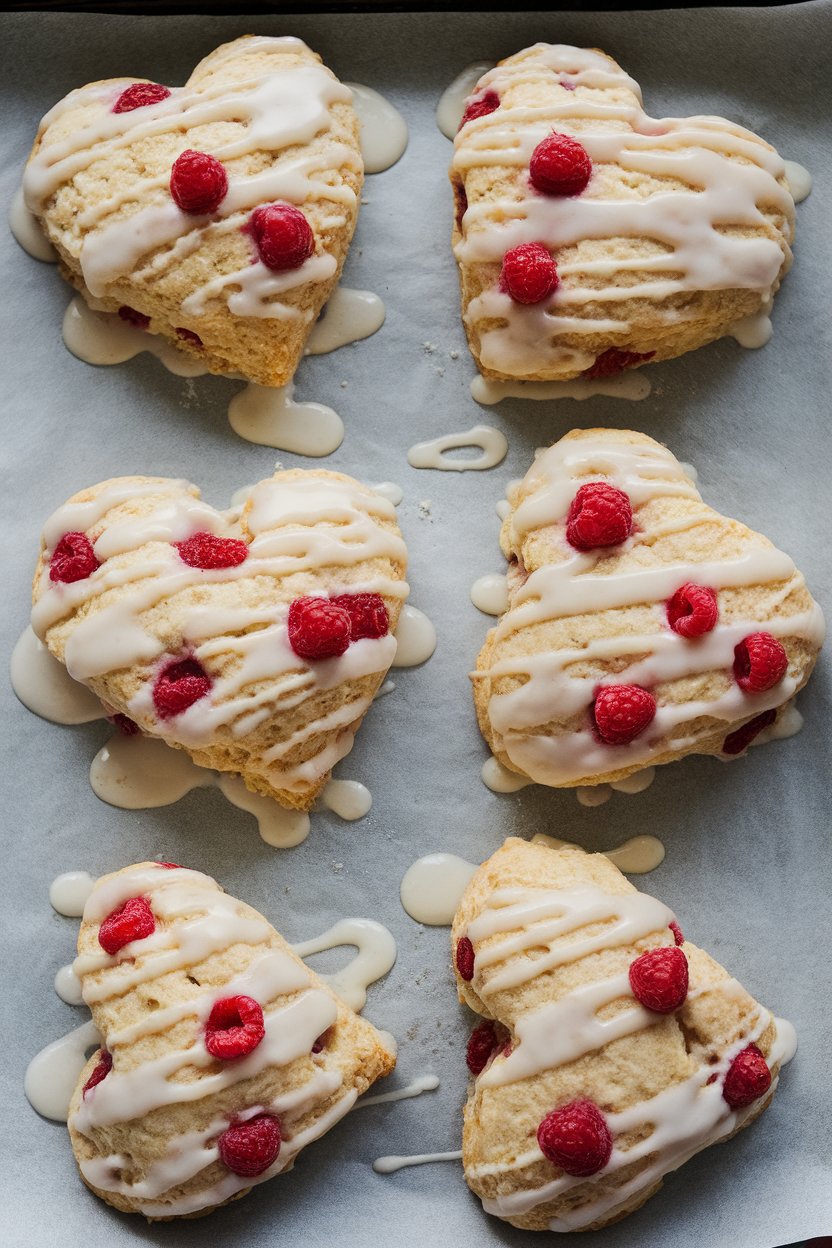 Heart-shaped scones dotted with raspberries and glazed with lemon icing, resting on an indoor baking sheet lined with parchment. No text or logos.