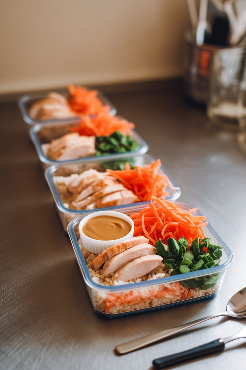 Photo of divided meal-prep containers filled with brown rice, sliced chicken, shredded carrots, and a small cup of peanut sauce, indoor counter. No text or logos.