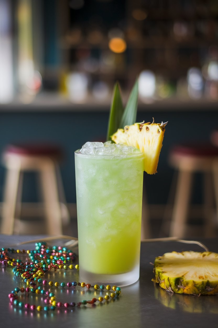 Photo of a tall frosted glass indoors holding a neon-green melon cocktail with crushed ice and a pineapple wedge, festive colored beads scattered nearby, no text or logos
