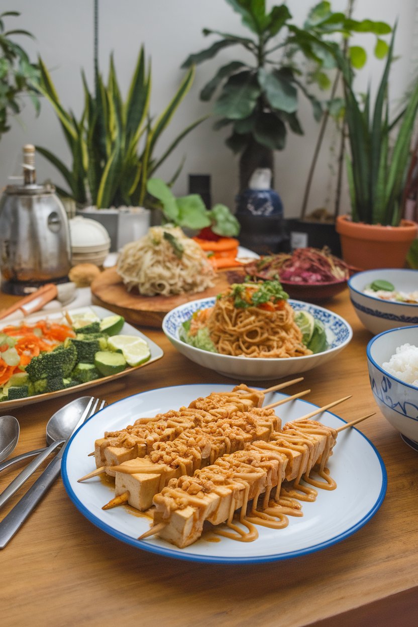 Photo prompt: Indoor dining table with tofu skewers drizzled in peanut-lime sauce, crushed peanuts on top. No text or logos.