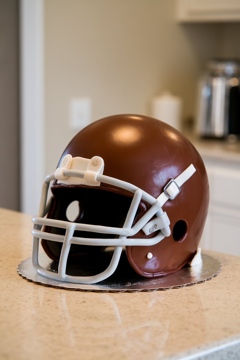 An indoor countertop featuring a domed chocolate cake sculpted into a football helmet, glossy ganache finish, white fondant faceguard details—no text or logos.