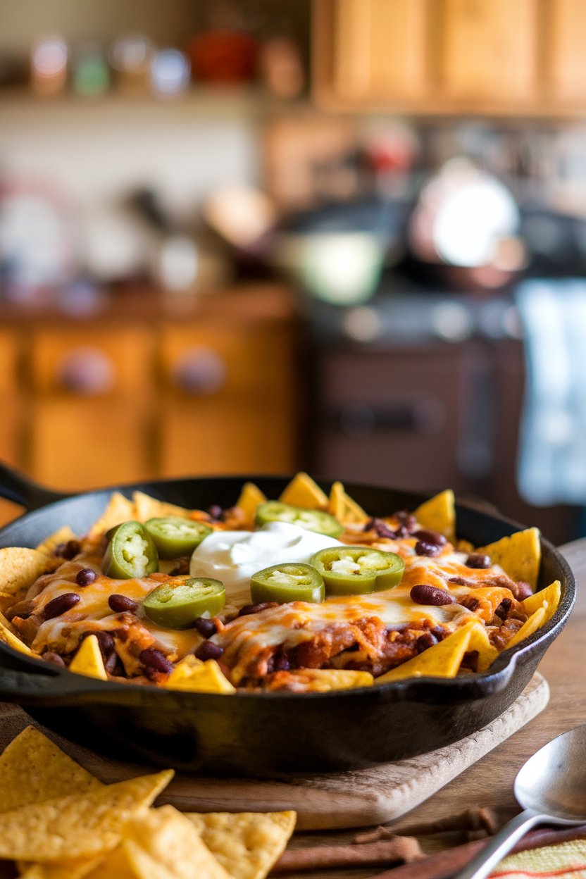 Photo of a cast-iron skillet filled with tortilla chips layered with melted cheese, jalapeños, black beans, and sour cream, shot indoors from a slight overhead angle, no text or logos