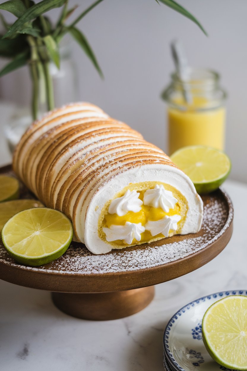 An indoor dessert platter showing a rolled meringue log filled with lime curd and whipped cream, exterior dusted with powdered sugar. Photo only, no text or logos.