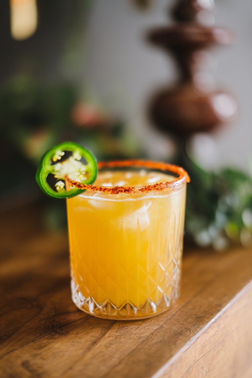 Photo indoors of a rocks glass with vivid yellow drink, jalapeño slice, and chili-salt rim; no logos or text.