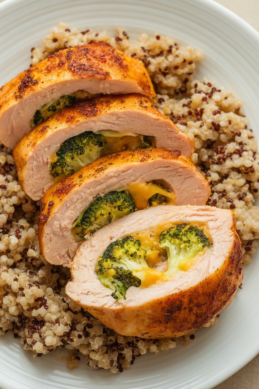 Photo indoors of sliced stuffed chicken breasts revealing broccoli and melted cheddar inside, plated with quinoa, no text.
