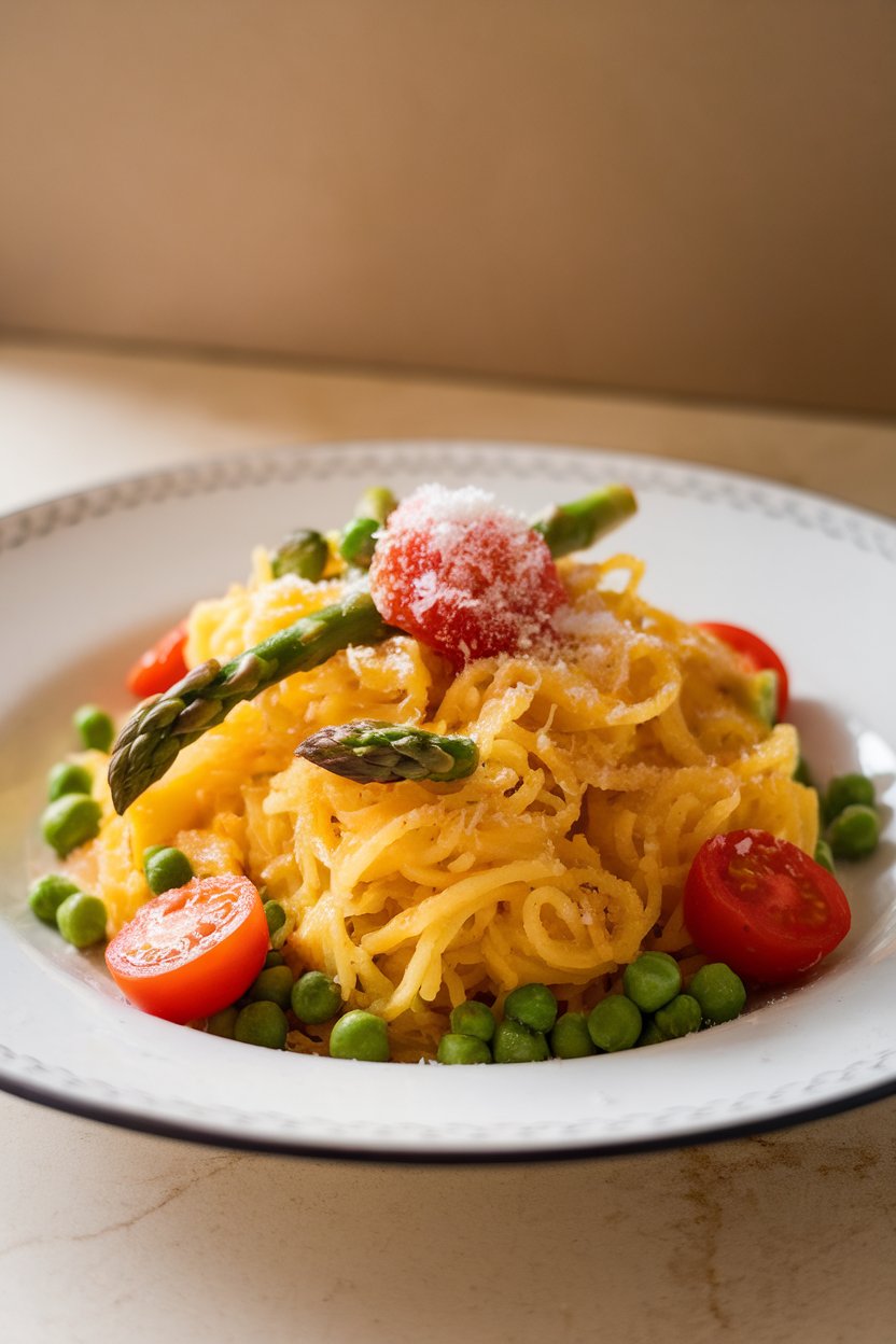 Indoor photo of spaghetti squash strands mixed with peas, asparagus tips, cherry tomatoes, and a sprinkle of grated Pecorino. No text or logos.