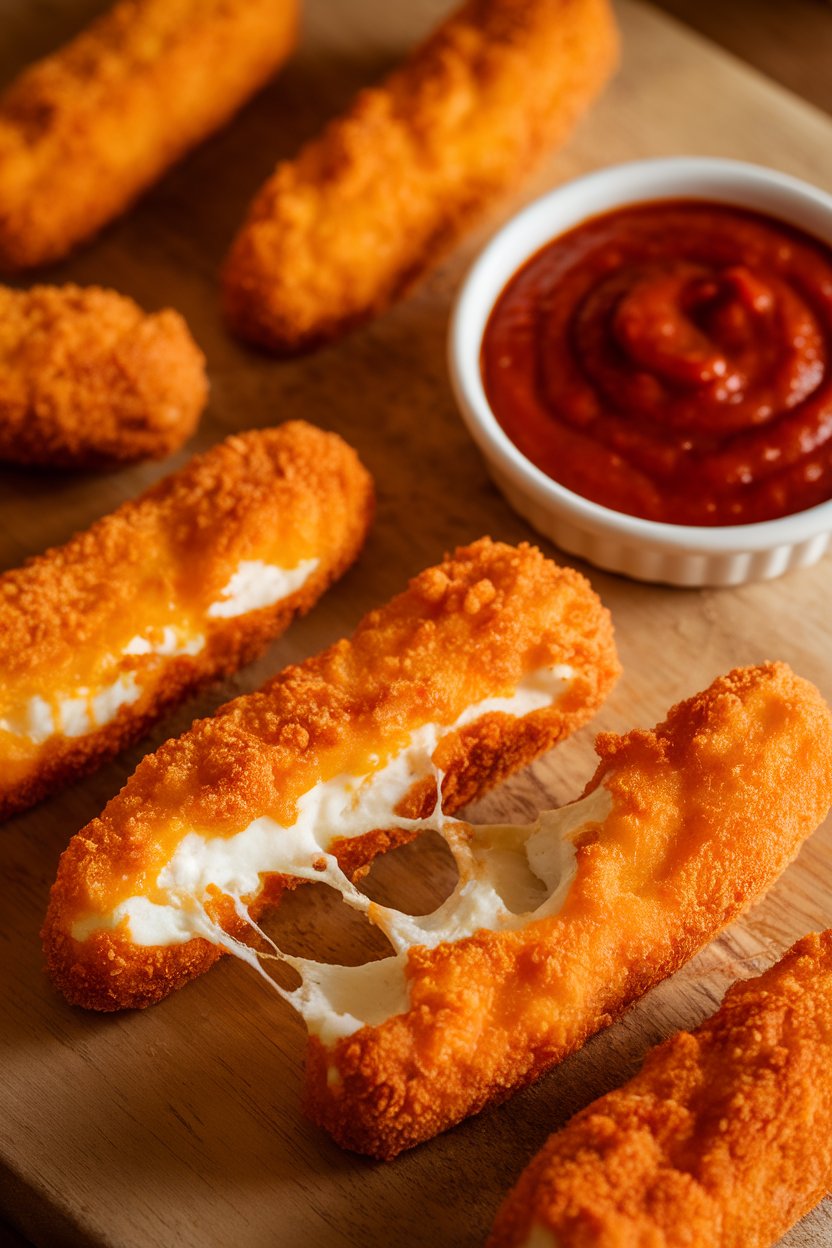 Indoor photo of golden breaded mozzarella sticks with strings of cheese stretching, marinara sauce nearby. No text or logos.