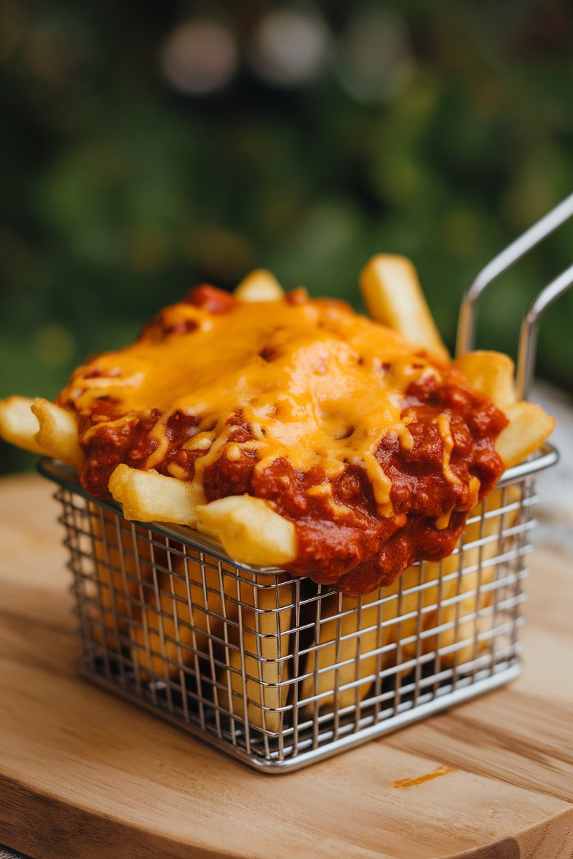 Indoor photo of a basket of crispy fries smothered in beef chili and melted cheddar; no text or logos.