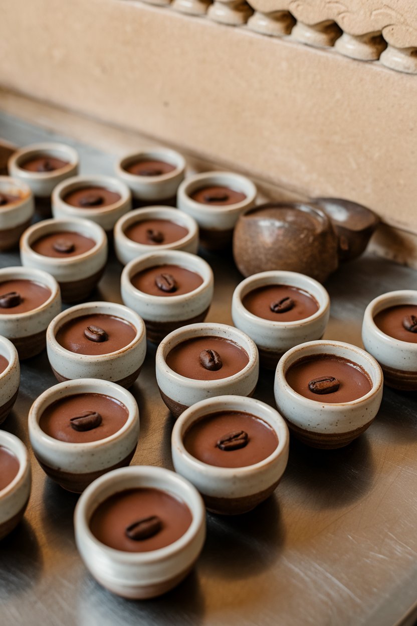 An indoor setting with small ceramic cups of baked chocolate custard, a slight jiggle visible, topped with a coffee bean. Photo, no text or logos.