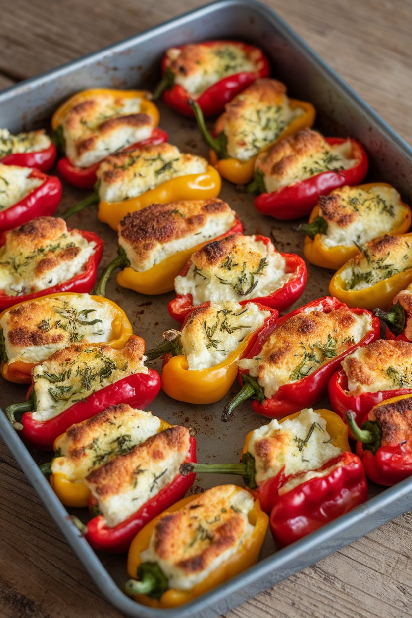 An indoor baking dish of colorful mini peppers stuffed with herbed cheese, tops slightly browned—no text or logos. Photo, not illustration.