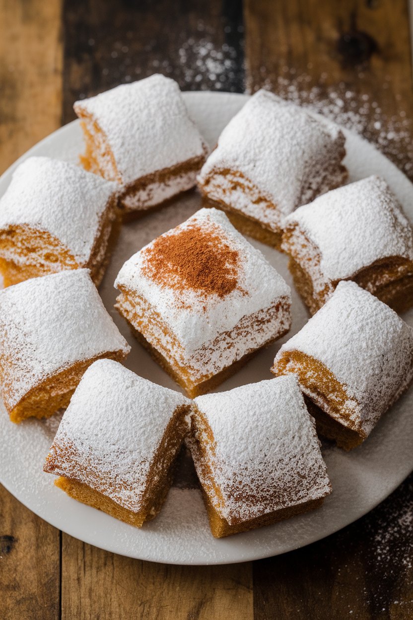 Indoor photo of square coffee-cake pieces generously coated in powdered sugar, reminiscent of beignets; no text or logos.