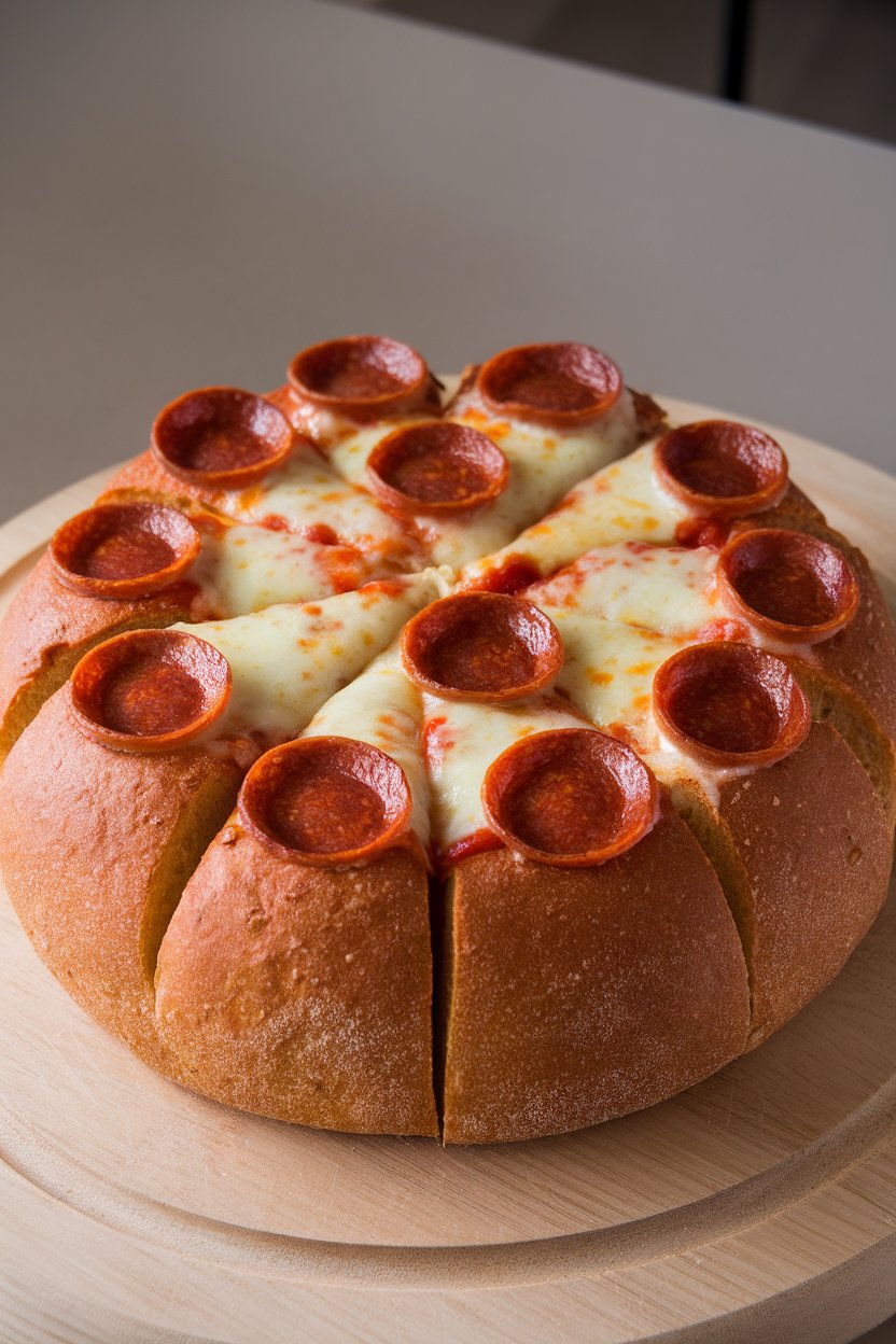 An indoor round loaf scored into cubes, gooey cheese and pepperoni peeking out between slices, placed on a wooden board—no text or logos. Photo, not illustration.