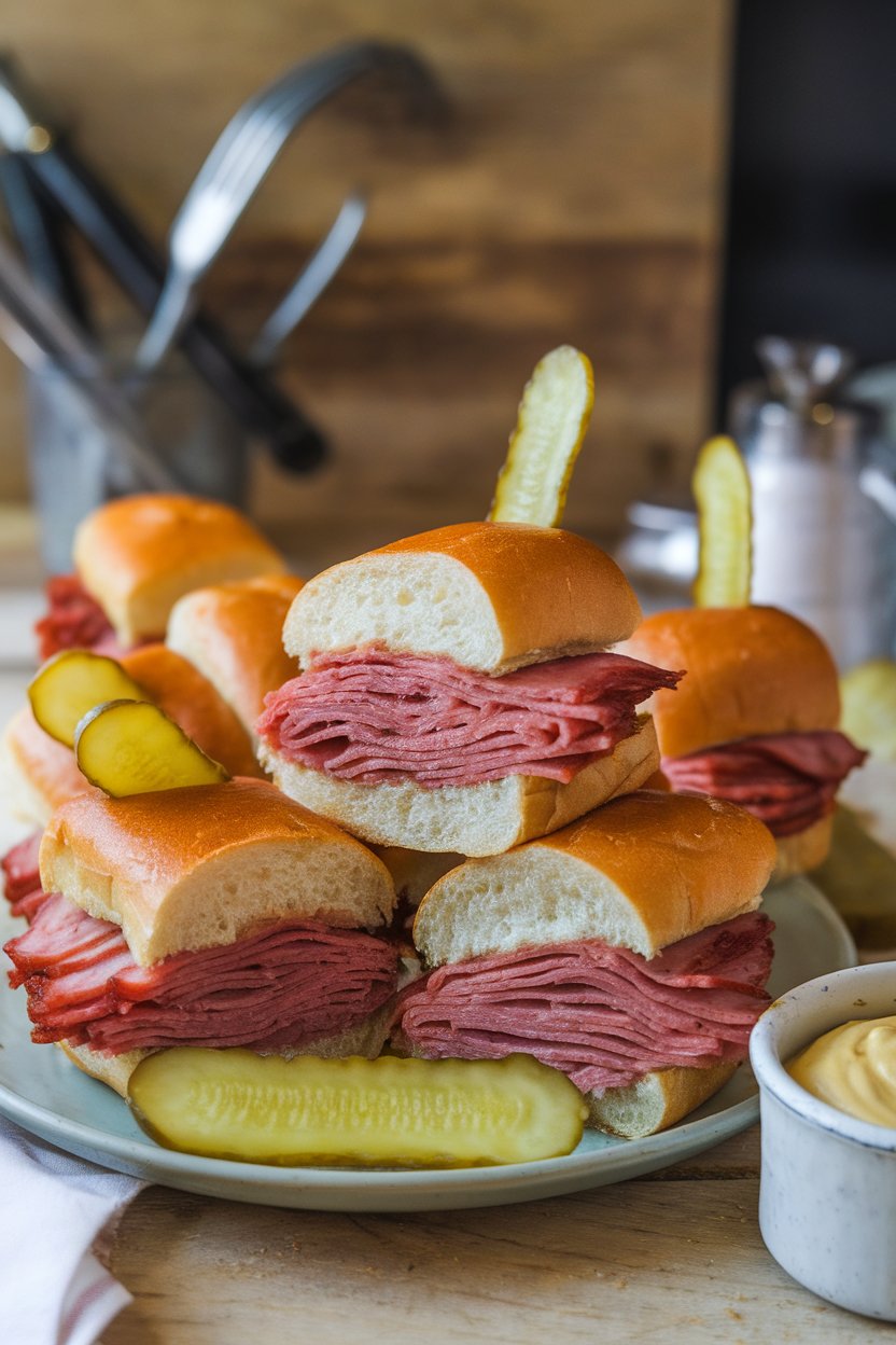 Indoor photo of mini pastrami and Swiss sliders on rye rolls with pickle chips, mustard pot nearby. No text or logos.