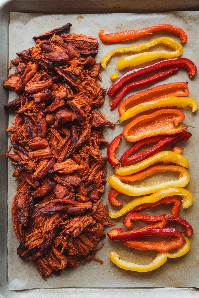 Indoor photo of shredded barbecue jackfruit piled on one half of a sheet pan, multicolored pepper strips roasted on the other half. No text or logos.