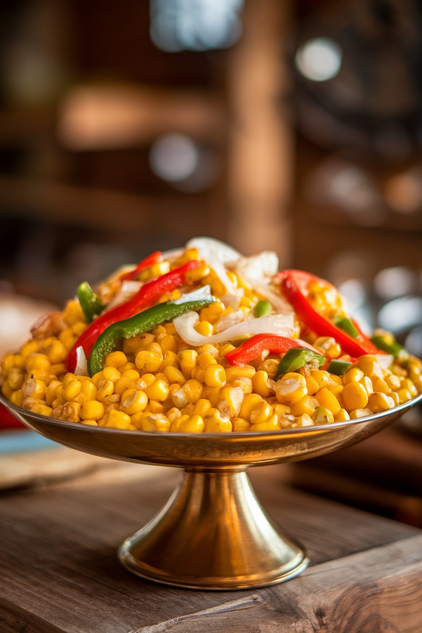 A warmly lit indoor serving bowl brimming with bright yellow corn sautéed with peppers, onions, and cream. Photo, no text or logos.
