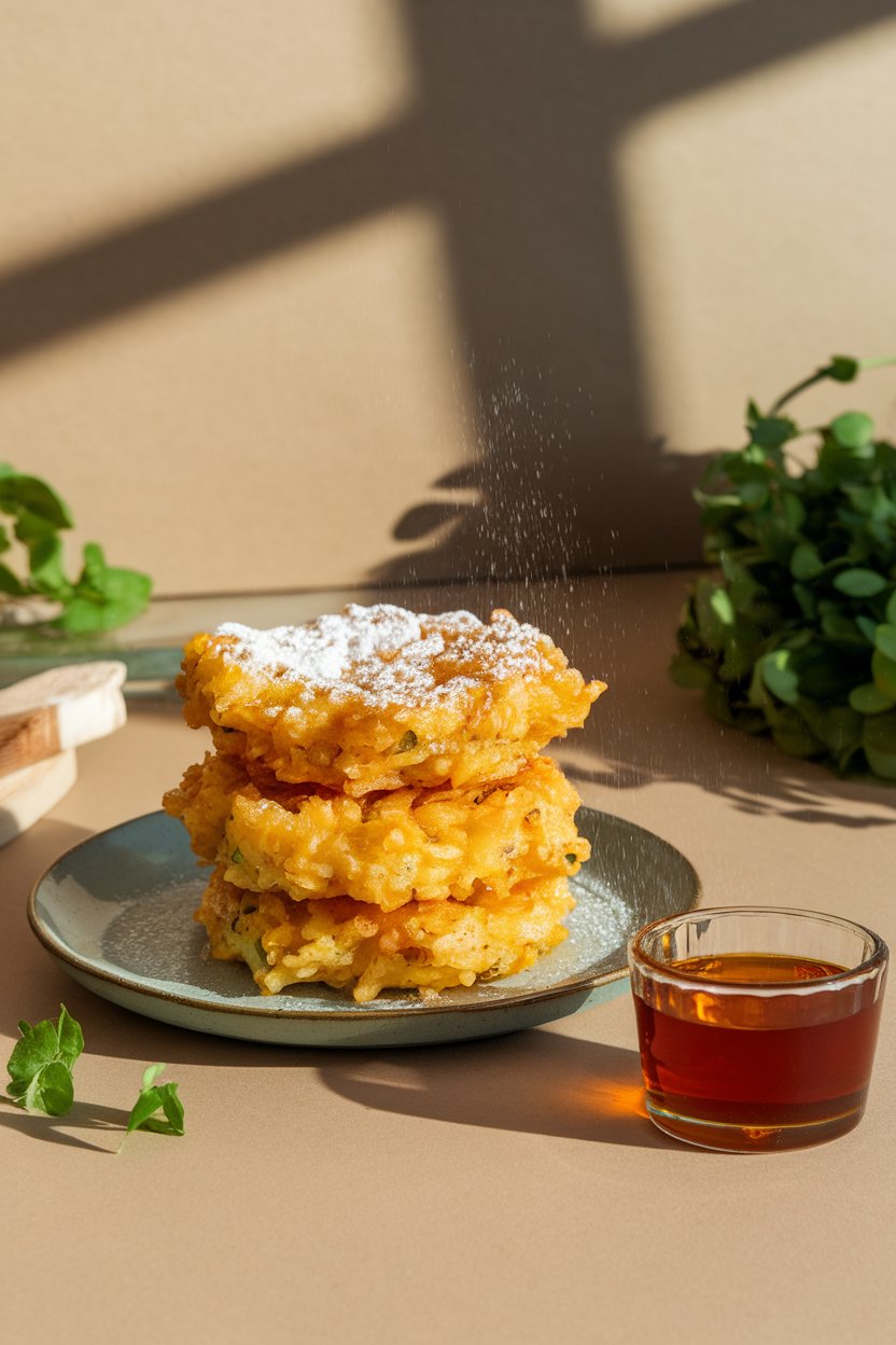 Indoor photo of golden rice fritters stacked on a plate, dusted lightly with powdered sugar, ramekin of cane syrup nearby. No text or logos.