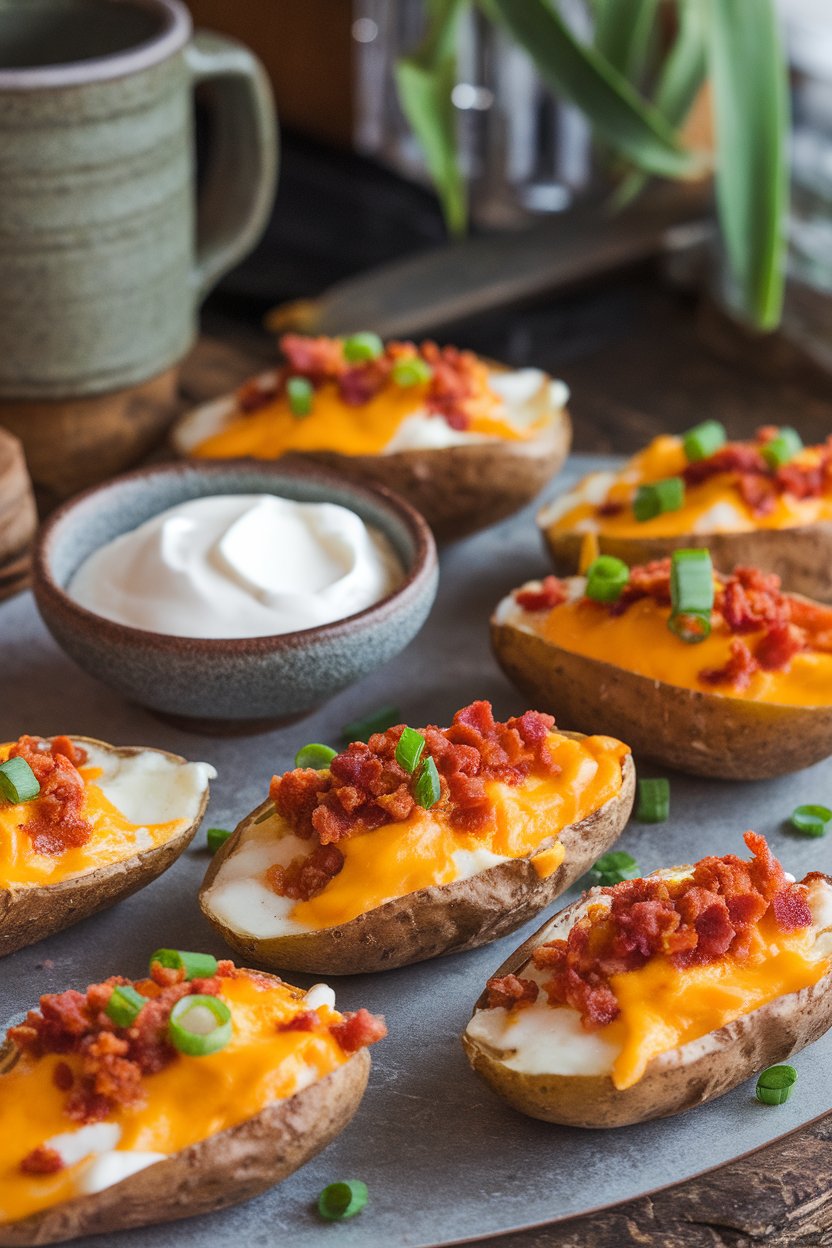 An indoor pub-style table featuring halved potato skins filled with melted cheddar, bacon crumbles, and green onions, sour cream on the side. No text or logos.