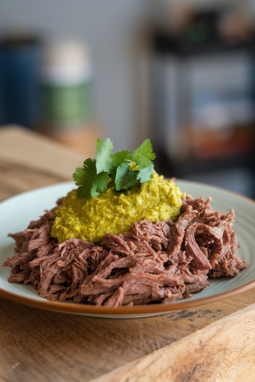 Indoor plate of shredded beef mixed with bright green salsa verde, cilantro garnish. No logos or text.