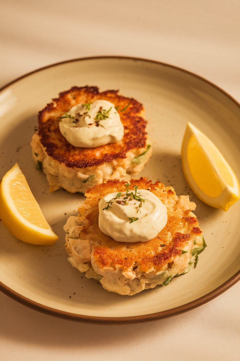A warmly lit indoor plate with two seared crab cakes, golden brown, topped with a dollop of spicy aioli and lemon wedges on the side. Photo, no text or logos.