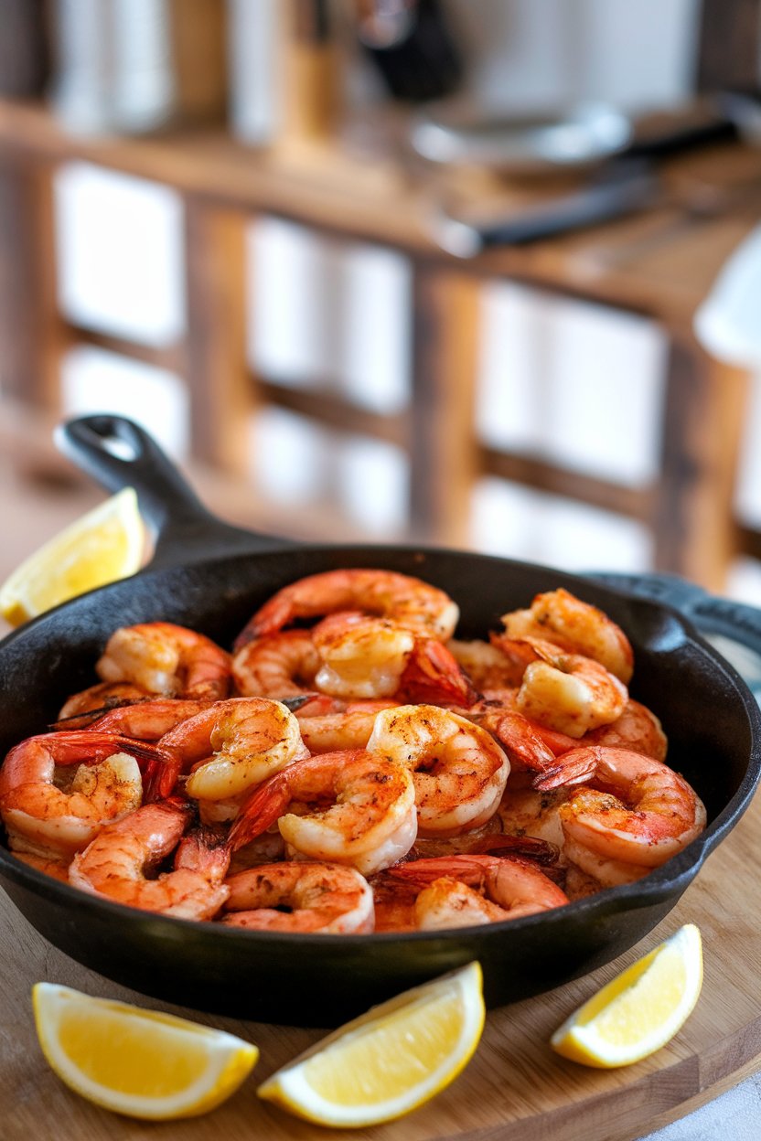 Indoor photo of cast-iron skillet filled with Cajun-spiced shrimp coated in melted butter, lemon wedges tucked around, no text or logos