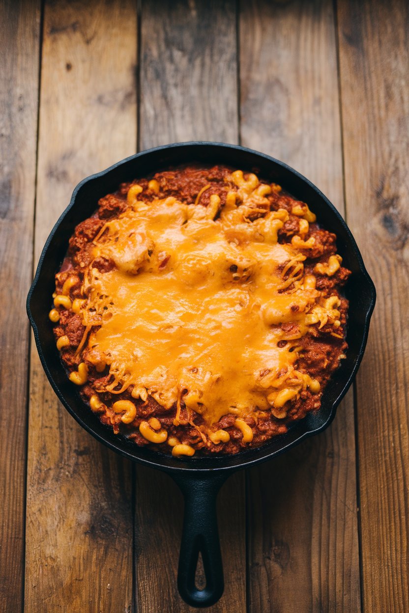 Photo of a skillet filled with chili mac, melted cheese on top, shot indoors from overhead, no text or logos
