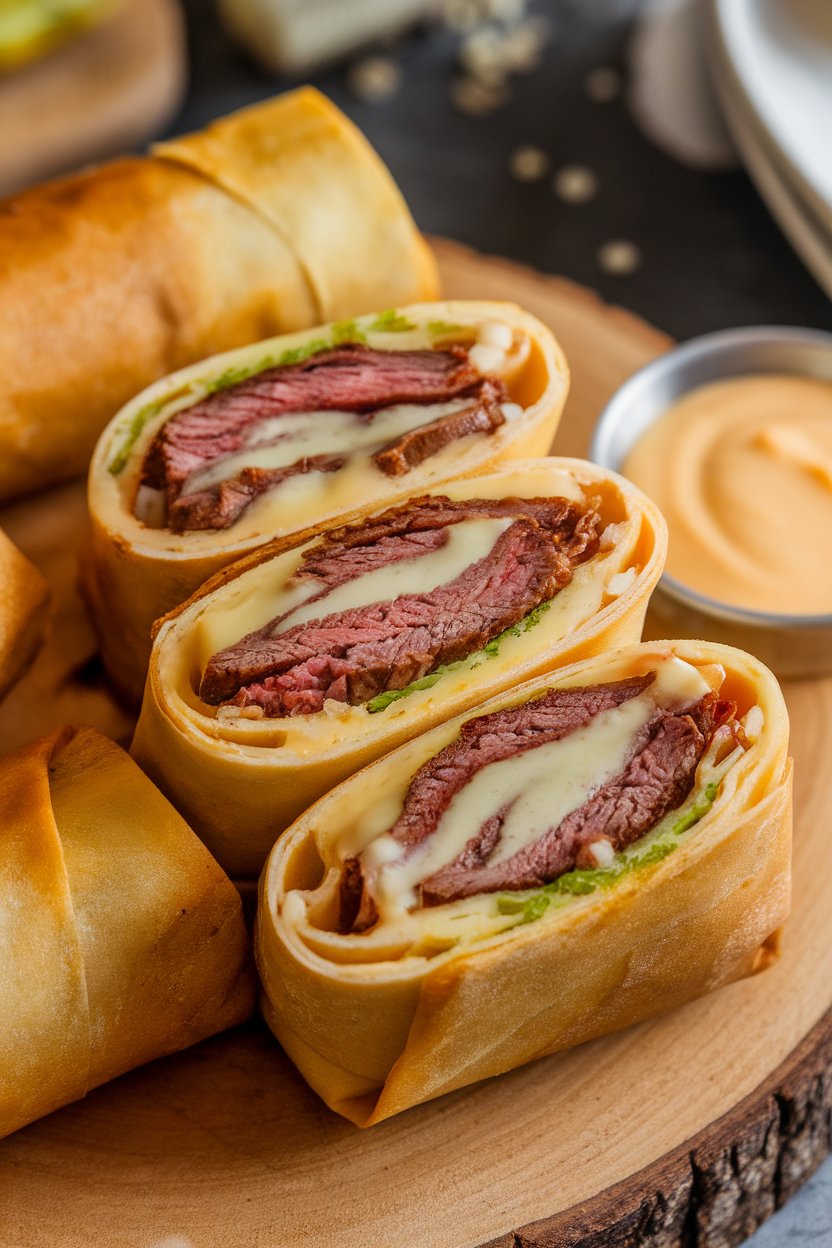 Indoor photo of diagonally sliced egg rolls revealing shaved steak, onions, and melted provolone inside, served with a tiny dish of cheese sauce. No text or logos.
