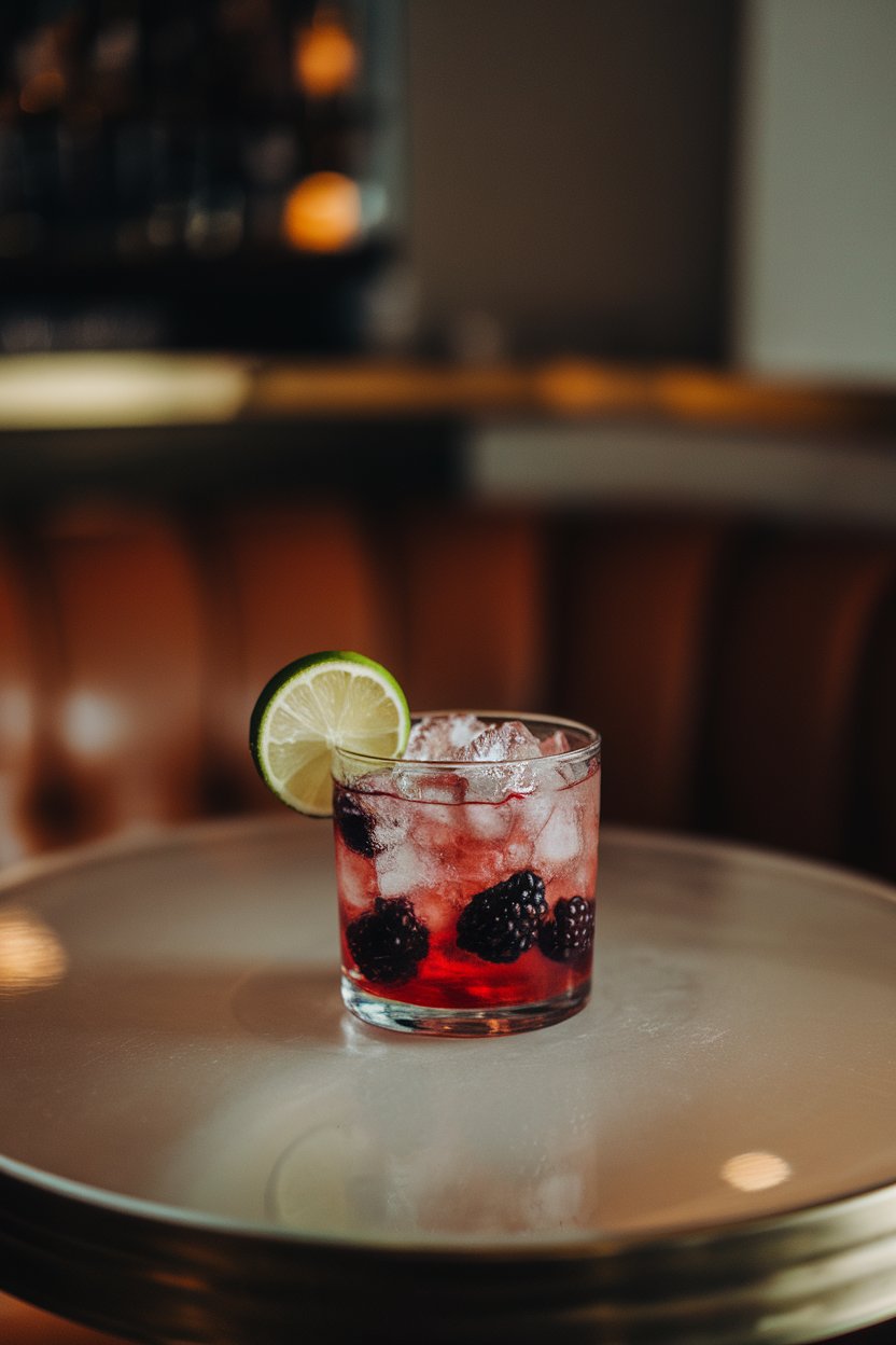 A dimly lit indoor cocktail lounge table with a short rocks glass of muddled blackberries, crushed ice piled high, and a lime wheel. No logos or text. Photo.