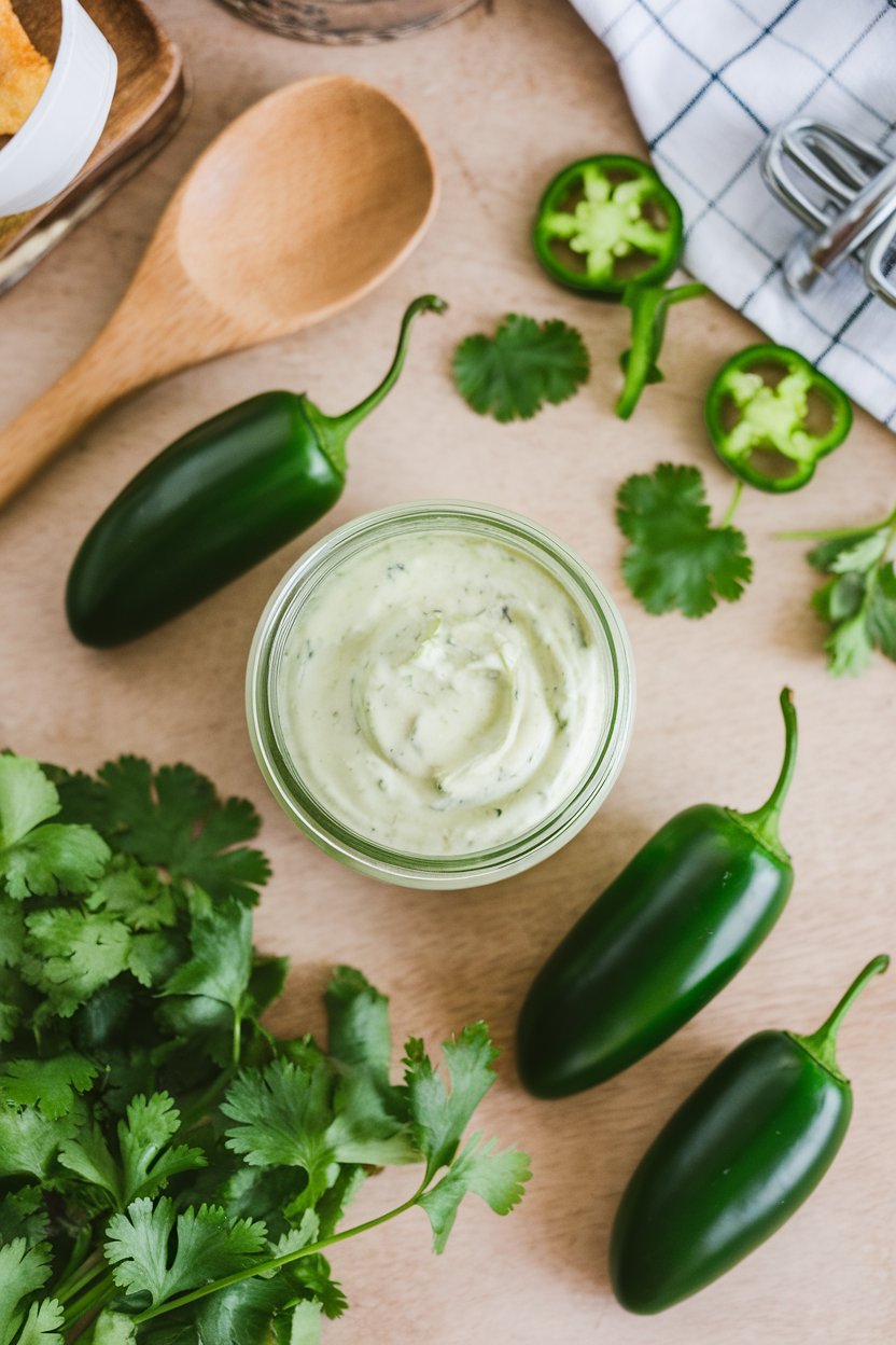 Indoor scene with a glass jar of pale green jalapeño ranch dip, fresh jalapeños and cilantro leaves scattered nearby. Overhead photo, no text or logos.