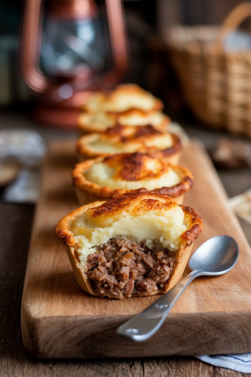 Indoor photo of mini muffin-tin shepherd’s pies with browned mashed-potato tops and a spoon revealing savory lamb filling, no text or logos