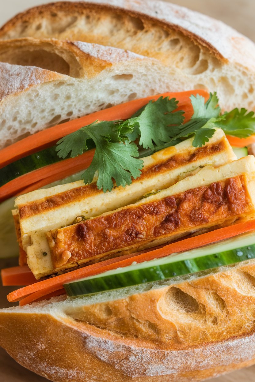 An indoor baguette sandwich stuffed with lemongrass-marinated tofu, pickled carrots, cucumber, and cilantro. No text or logos. Photo.