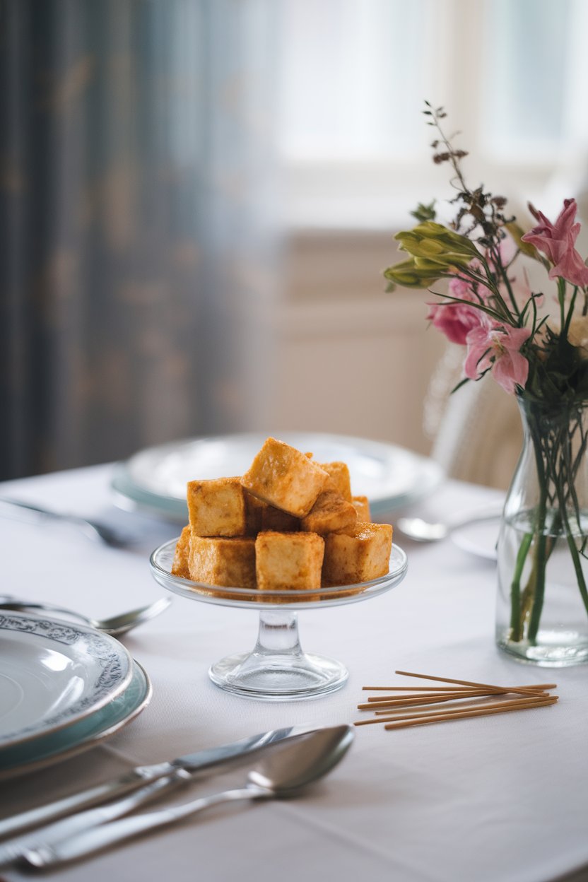An indoor dining room table featuring golden air-fried tofu cubes in a small serving dish with toothpicks; no text or logos.