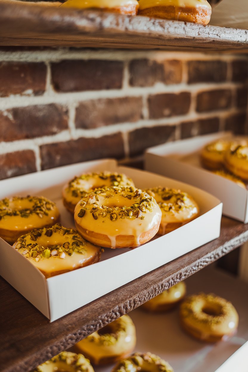 An indoor bakery shelf with baked doughnuts glazed lemon yellow and sprinkled with chopped pistachios. No text or logos.