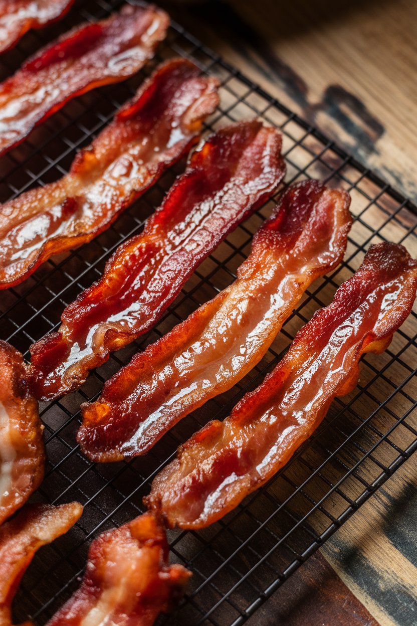 Indoor photo of caramelized bacon strips cooling on a wire rack, shiny with bourbon-brown-sugar glaze; no text or logos