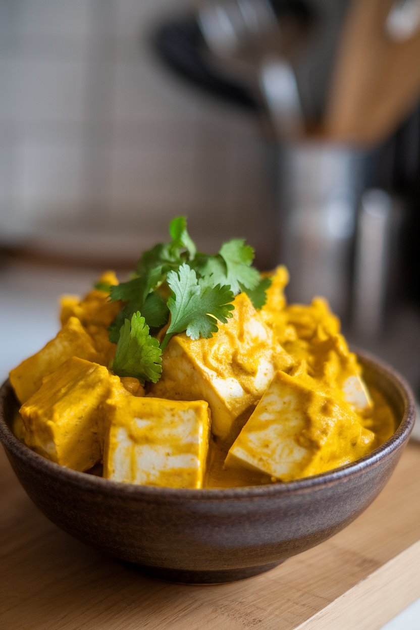 Photo prompt: Indoor bowl with tofu cubes bathed in bright yellow turmeric coconut sauce, cilantro garnish. No text or logos.