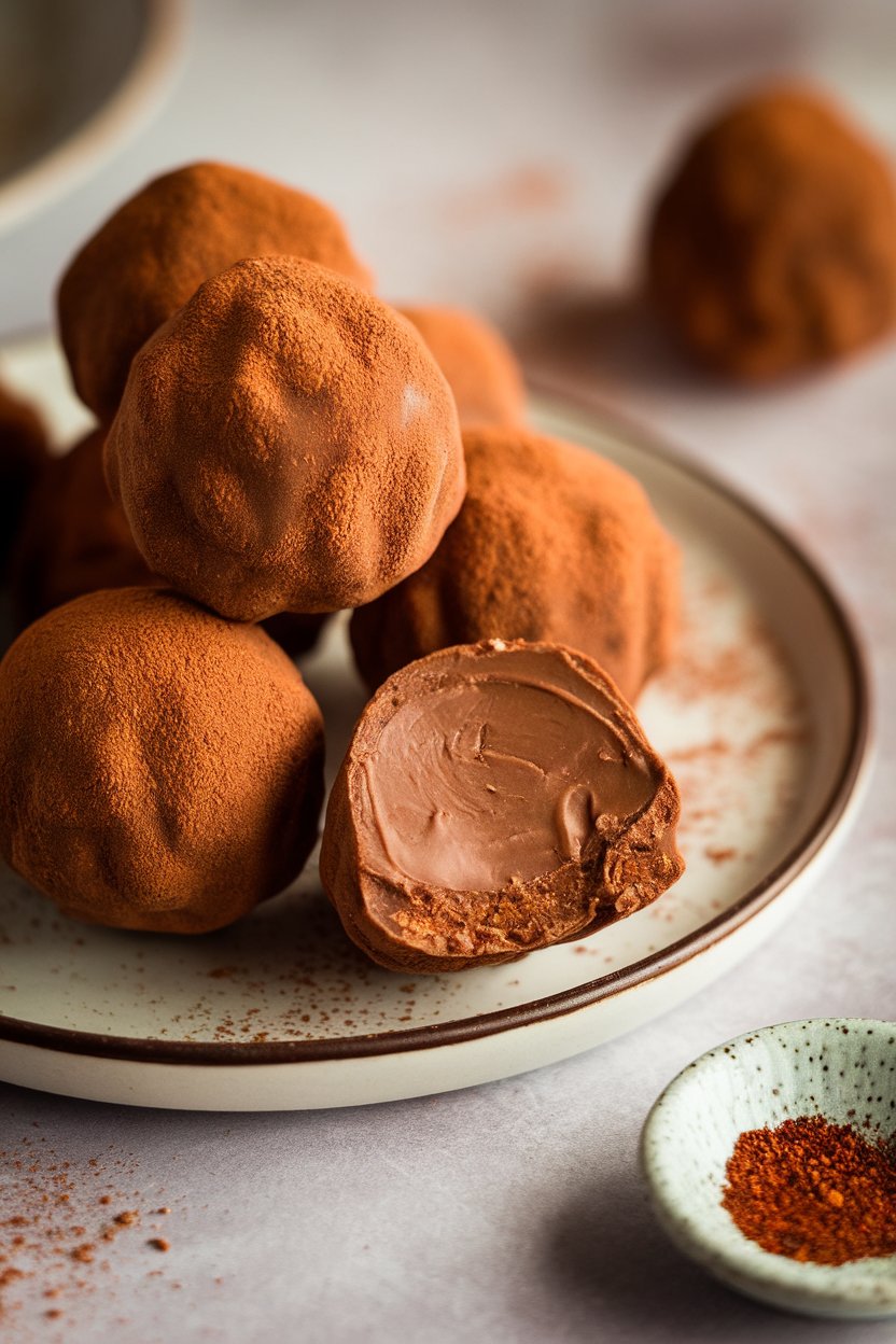 Indoor close-up photo of cocoa-dusted truffles, one cut open showing smooth ganache, tiny dish of cayenne nearby. No text or logos.
