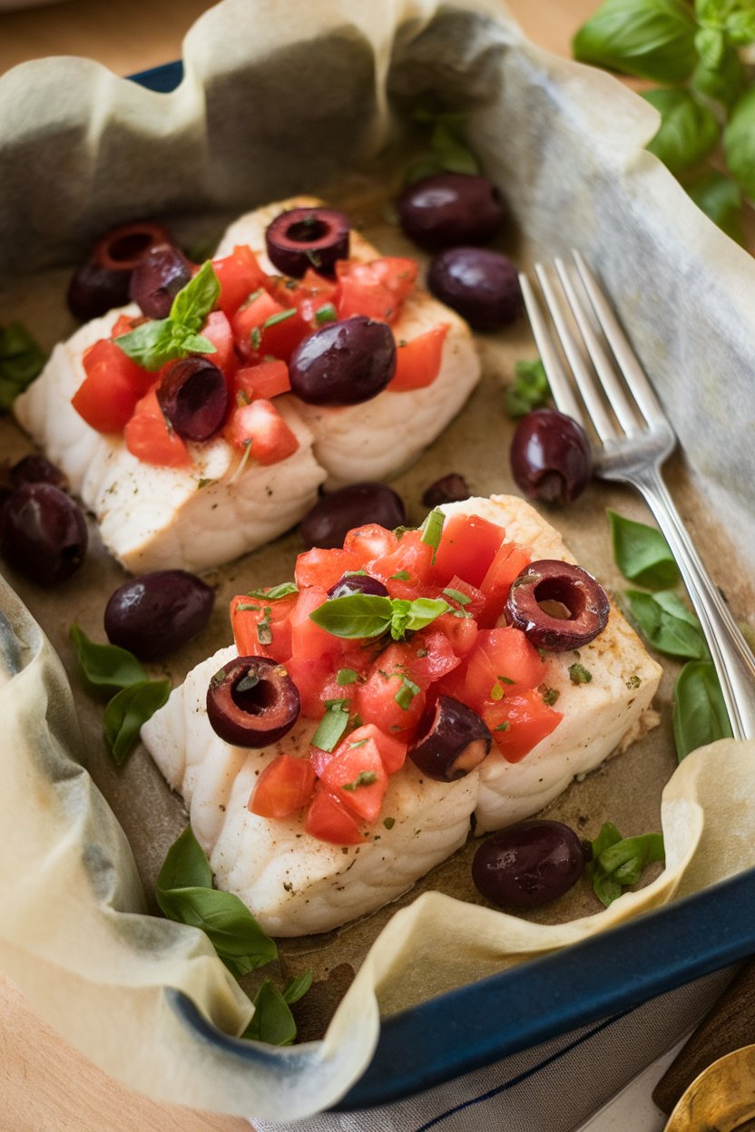 An indoor dinner setting with a parchment-lined baking dish featuring cooked cod fillets topped with diced tomatoes, Kalamata olives, and fresh basil. No raw fish, no text or logos. Photo only.