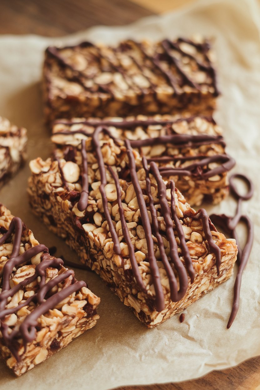 Indoor photo of rectangular granola bars with visible hazelnut pieces and chocolate drizzle on parchment paper, no text or logos