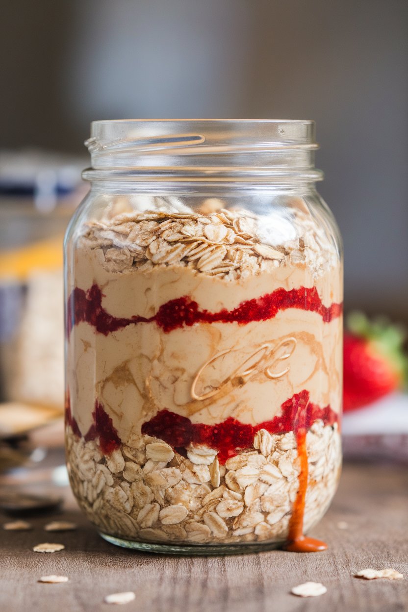 Indoor photo of a glass jar showing layered oats, almond butter swirls, and strawberry jam, no text or logos visible