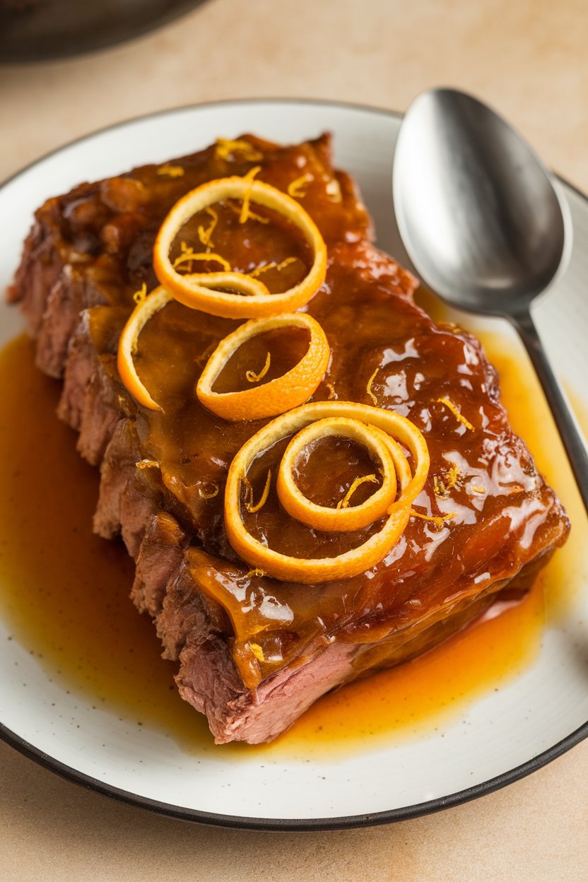 Indoor photo of glossy short ribs in orange glaze, curls of orange zest on top; no text or logos